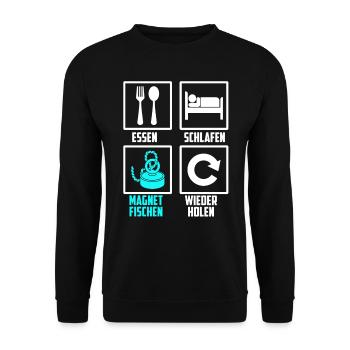 Essen Schlafen Magnetfischen Wiederholen - Unisex Pullover - Schwarz - Vorne - Alina (178cm) & Michal (187cm)