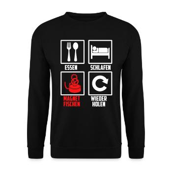 Essen Schlafen Magnetfischen Wiederholen - Unisex Pullover - Schwarz - Vorne - Alina (178cm) & Michal (187cm)