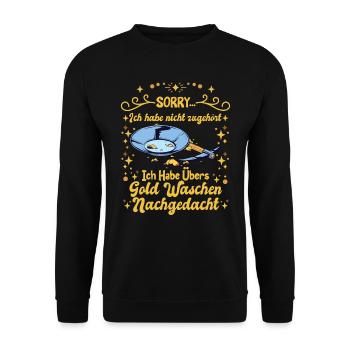 Goldjäger Thinking about Goldpanning Goldwäscher - Unisex Pullover - Schwarz - Vorne - Alina (178cm) & Michal (187cm)