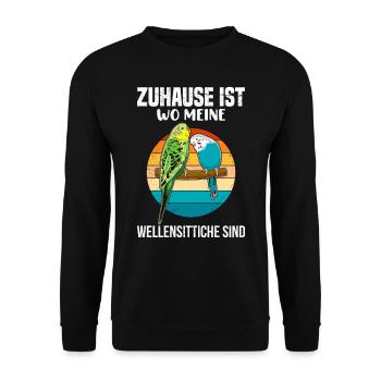 Zuhause ist wo meine Wellensittiche sind - Unisex Pullover - Schwarz - Vorne - Alina (178cm) & Michal (187cm)