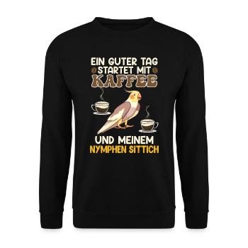 Sittiche Ein guter Tag startet mit Kaffee Fan - Unisex Pullover - Schwarz - Vorne - Alina (178cm) & Michal (187cm)