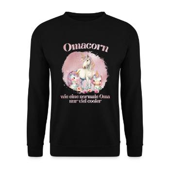 Einhorn Fan Omacorn Grandma Muttertag Granny - Unisex Pullover - Schwarz - Vorne - Alina (178cm) & Michal (187cm)