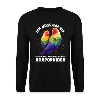 Liebesvögel Muss gar nix Nur zu meinen Agaporniden - Unisex Pullover - Schwarz - Vorne - Alina (178cm) & Michal (187cm)