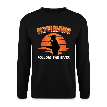 Flyfishing Follow the River Fliegenangler - Unisex Pullover - Schwarz - Vorne - Alina (178cm) & Michal (187cm)