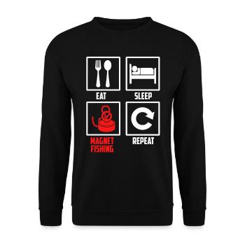Essen Schlafen Magnetfischen Wiederholen - Unisex Pullover - Schwarz - Vorne - Alina (178cm) & Michal (187cm)