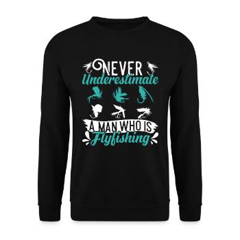 Unterschätze niemals einen Mann der Fliegen fischt - Unisex Pullover - Schwarz - Vorne - Alina (178cm) & Michal (187cm)