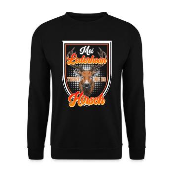 Mei Lederhosn Trogt no da Hirsch Bayerisch - Unisex Pullover - Schwarz - Vorne - Alina (178cm) & Michal (187cm)
