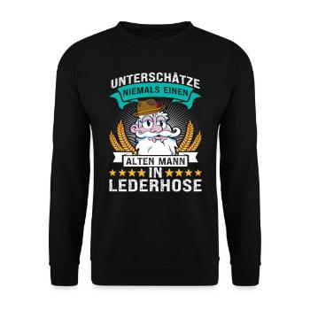 Unterschätze Niemals einen Alten Mann in Lederhose - Unisex Pullover - Schwarz - Vorne - Alina (178cm) & Michal (187cm)