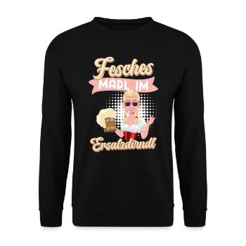 Bayerische Tracht Fesches Madl im Ersatzdirndl - Unisex Pullover - Schwarz - Vorne - Alina (178cm) & Michal (187cm)