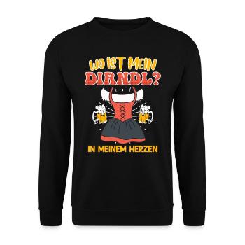 Trachten Shirt Wo ist mein Dirndl? Bayerisches - Unisex Pullover - Schwarz - Vorne - Alina (178cm) & Michal (187cm)