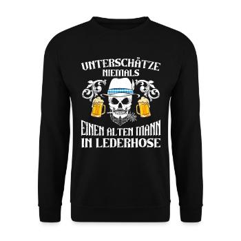 Unterschätze Nie einen Alten Mann in Lederhose - Unisex Pullover - Schwarz - Vorne - Alina (178cm) & Michal (187cm)