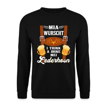 Trachtenshirt Mia Wurscht I Trink a ohne Lederhosn - Unisex Pullover - Schwarz - Vorne - Alina (178cm) & Michal (187cm)