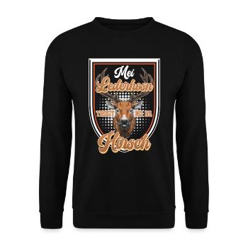 Mei Lederhosn Trogt no da Hirsch Bayerisch - Unisex Pullover - Schwarz - Vorne - Alina (178cm) & Michal (187cm)