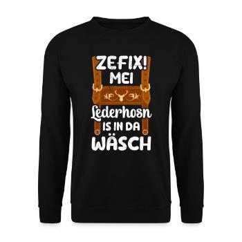 Zefix Mei Lederhosn is in da Wäsch - Unisex Pullover - Schwarz - Vorne - Alina (178cm) & Michal (187cm)