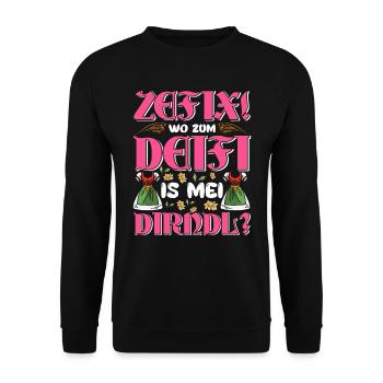 Trachten Shirt Frauen Wo zum Deifi is mein Dirndl - Unisex Pullover - Schwarz - Vorne - Alina (178cm) & Michal (187cm)