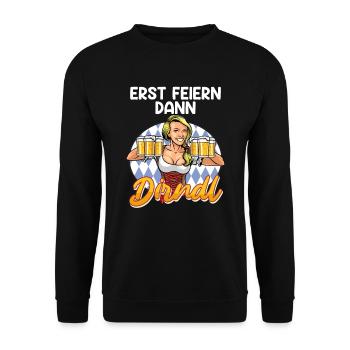 Trachten Frauen First celebrate then Dirndl Dress - Unisex Sweatshirt - black - Front - Alina (178cm) & Michal (187cm)