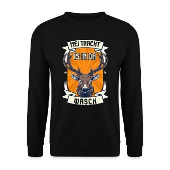 Mei Tracht is in da Wäsch Bayerische Lederhosen - Unisex Pullover - Schwarz - Vorne - Alina (178cm) & Michal (187cm)