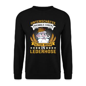 Unterschätze Niemals einen Alten Mann in Lederhose - Unisex Pullover - Schwarz - Vorne - Alina (178cm) & Michal (187cm)