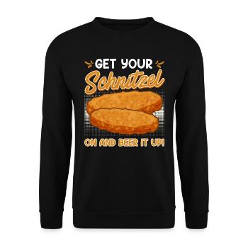 Deutsches Essen Get your Schnitzel on Beer it Up - Unisex Pullover - Schwarz - Vorne - Alina (178cm) & Michal (187cm)