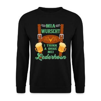 Trachtenshirt Mia Wurscht I Trink a ohne Lederhosn - Unisex Pullover - Schwarz - Vorne - Alina (178cm) & Michal (187cm)