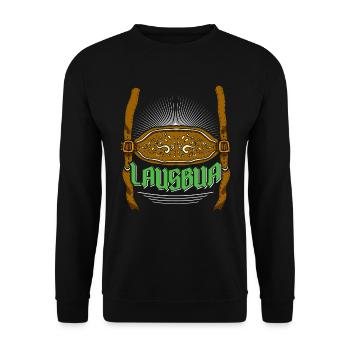 Lederhosen Lausbua Bayerisch Trachten Shirt Herren - Unisex Pullover - Schwarz - Vorne - Alina (178cm) & Michal (187cm)