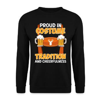 Lederhose Proud in Costume Tradition Cheefulness - Unisex Pullover - Schwarz - Vorne - Alina (178cm) & Michal (187cm)