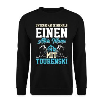 Unterschätze Nie einen Alten Mann mit Tourenski - Unisex Pullover - Schwarz - Vorne - Alina (178cm) & Michal (187cm)
