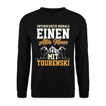 Unterschätze Nie einen Alten Mann mit Tourenski - Unisex Pullover - Schwarz - Vorne - Alina (178cm) & Michal (187cm)