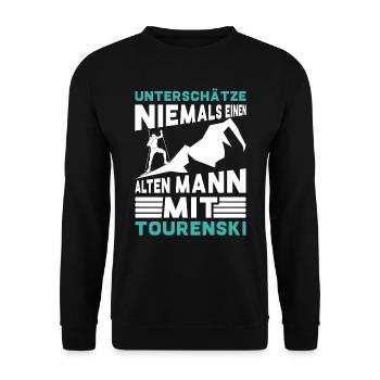 Skitouren Unterschätze Nie einen Alten Mann - Unisex Pullover - Schwarz - Vorne - Alina (178cm) & Michal (187cm)