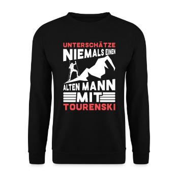 Skitouren Unterschätze Nie einen Alten Mann - Unisex Pullover - Schwarz - Vorne - Alina (178cm) & Michal (187cm)