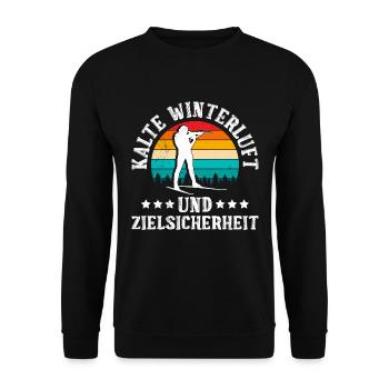 Biathlon Kalte Winterluft und Zielsicherheit - Unisex Pullover - Schwarz - Vorne - Alina (178cm) & Michal (187cm)