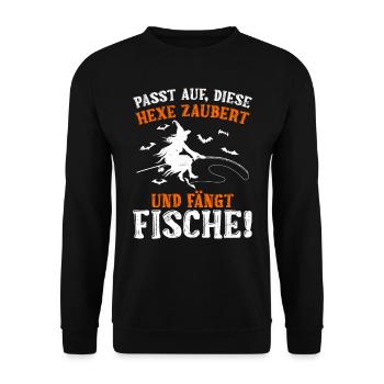 Halloween Shirt Die Hexe Zaubert und Fängt Fische - Unisex Pullover - Schwarz - Vorne - Alina (178cm) & Michal (187cm)