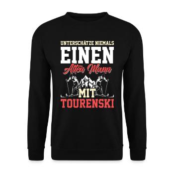 Unterschätze Nie einen Alten Mann mit Tourenski - Unisex Pullover - Schwarz - Vorne - Alina (178cm) & Michal (187cm)