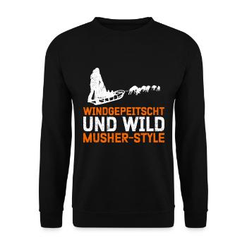 Musher Style Windgepeitscht und Wild Mushing - Unisex Pullover - Schwarz - Vorne - Alina (178cm) & Michal (187cm)