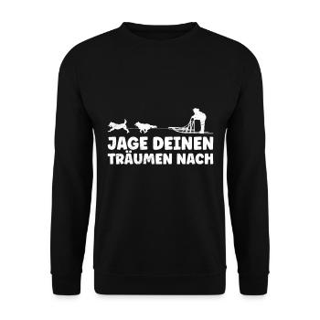 Musher Jage deinen Träumen nach Hundeschlitten - Unisex Pullover - Schwarz - Vorne - Alina (178cm) & Michal (187cm)