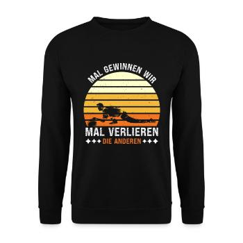 Curler Spruch Mal Gewinnen wir Mal Verlieren Andre - Unisex Pullover - Schwarz - Vorne - Alina (178cm) & Michal (187cm)