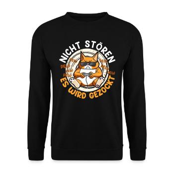Gaming Katze Nicht Stören Es wird Gezockt - Unisex Pullover - Schwarz - Vorne - Alina (178cm) & Michal (187cm)