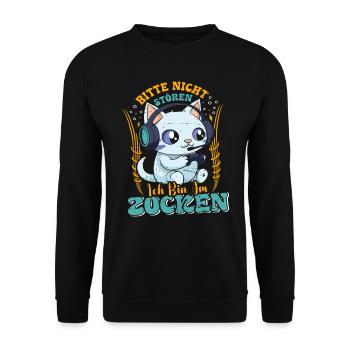 Gaming Katze Bitte nicht Stören Bin am Zocken - Unisex Pullover - Schwarz - Vorne - Alina (178cm) & Michal (187cm)