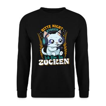Gaming Katze Bitte nicht Stören Bin am Zocken - Unisex Pullover - Schwarz - Vorne - Alina (178cm) & Michal (187cm)