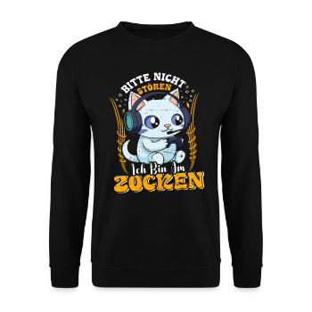 Gaming Katze Bitte nicht Stören Bin am Zocken - Unisex Pullover - Schwarz - Vorne - Alina (178cm) & Michal (187cm)