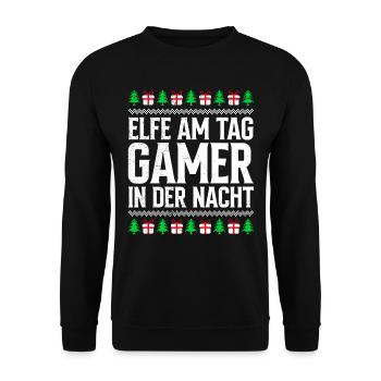 Elfe am Tag Gamer in der Nacht Weihnachten - Unisex Pullover - Schwarz - Vorne - Alina (178cm) & Michal (187cm)