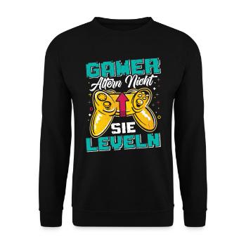 Gamer Altern Nicht Sie Leveln Retro Gamer Zocken - Unisex Pullover - Schwarz - Vorne - Alina (178cm) & Michal (187cm)