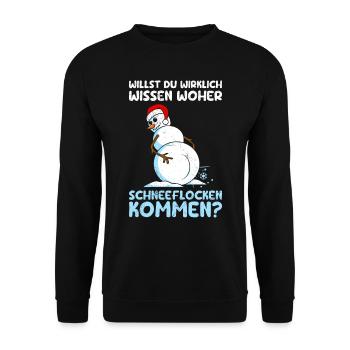 Schneemann Willst du Wissen Woher Schneeflocken - Unisex Pullover - Schwarz - Vorne - Alina (178cm) & Michal (187cm)