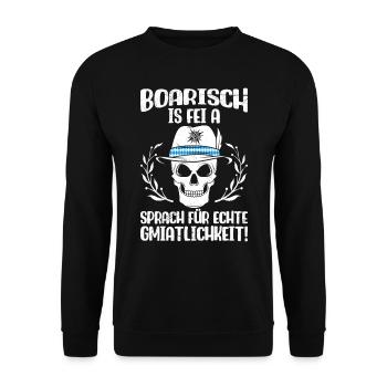 Boarisch is fei a Sprach für Gmiatlichkeit - Unisex Pullover - Schwarz - Vorne - Alina (178cm) & Michal (187cm)