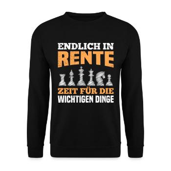 Rentner Endlich in Rente Zeit für Wichtige Dinge - Unisex Pullover - Schwarz - Vorne - Alina (178cm) & Michal (187cm)
