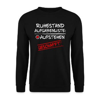 Ruhestand Aufgabenliste Aufstehen Geschafft - Unisex Pullover - Schwarz - Vorne - Alina (178cm) & Michal (187cm)