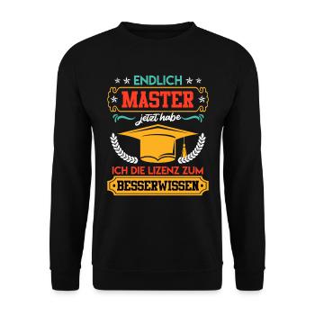 Master Endlich Master Lizenz zum Klugscheissen - Unisex Pullover - Schwarz - Vorne - Alina (178cm) & Michal (187cm)