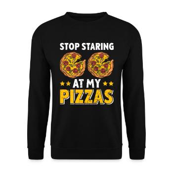 Pizza Fan Stop Staring at my Pizzas Backfans - Unisex Pullover - Schwarz - Vorne - Alina (178cm) & Michal (187cm)