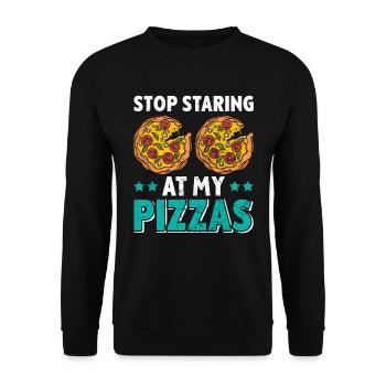 Pizza Fan Stop Staring at my Pizzas Backfans - Unisex Pullover - Schwarz - Vorne - Alina (178cm) & Michal (187cm)