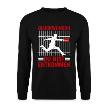 Glückwunsch Du Bist Entkommen Jobwechsel Abschied - Unisex Pullover - Schwarz - Vorne - Alina (178cm) & Michal (187cm)